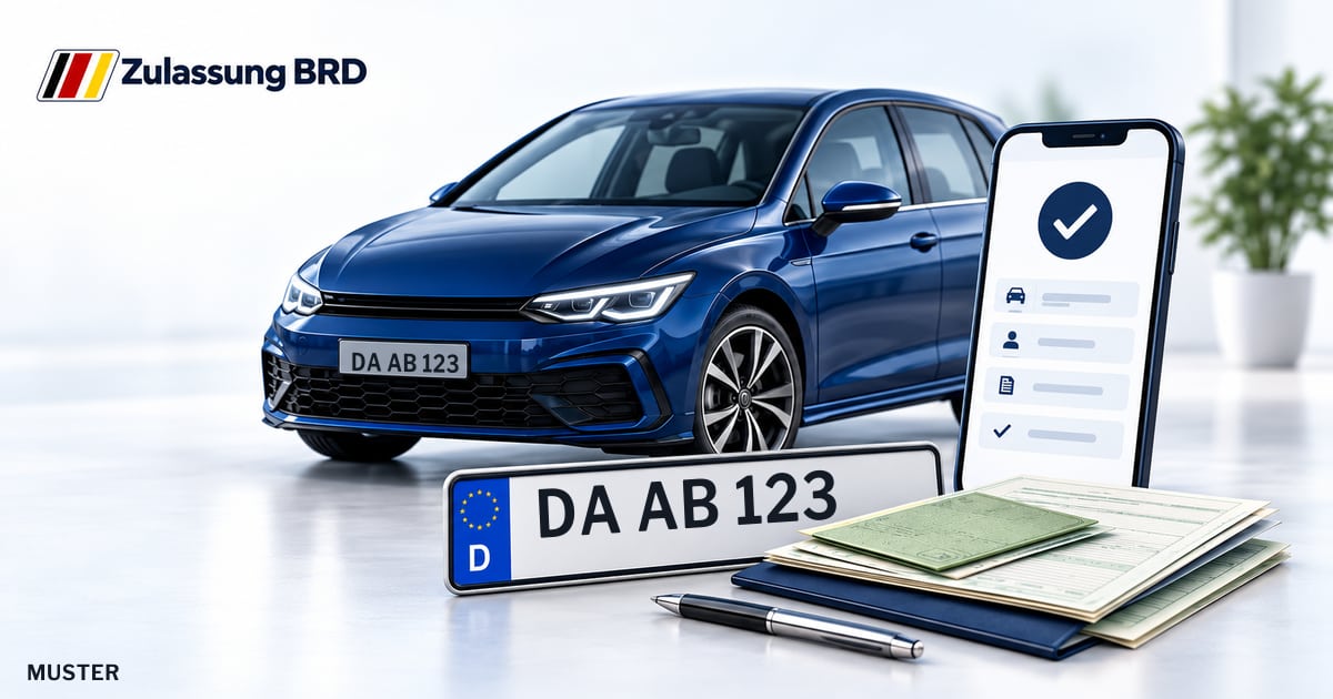 Online Fahrzeugzulassung in Darmstadt: Musterkennzeichen DA AB 123, Auto und Fahrzeugpapiere und Smartphone. Illustration mit Logo von Zulassung BRD.